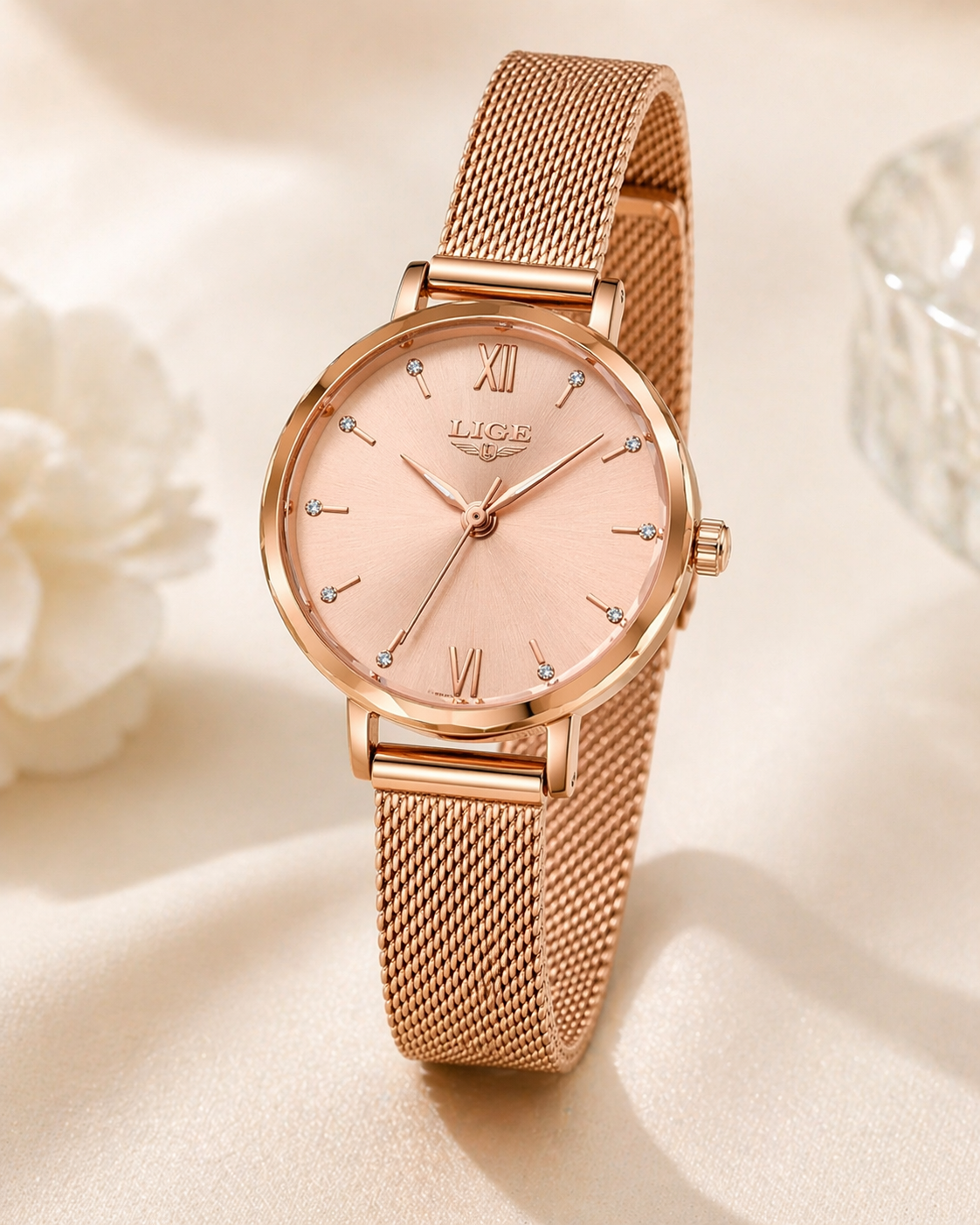 LIGE Rose Gold Mesh Ladie...